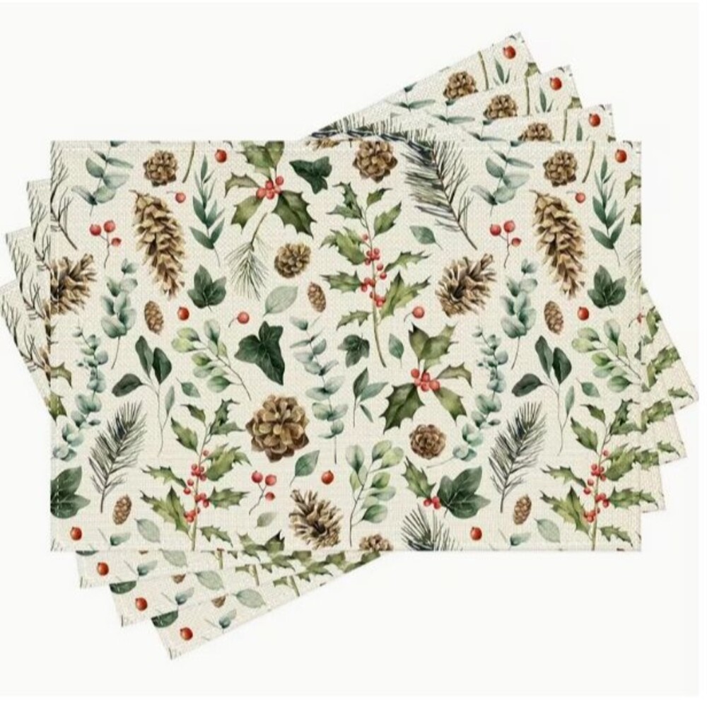 Christmas Placemat Set 4 Piece 12x18in Woven Polyester Greenery Holly Berries